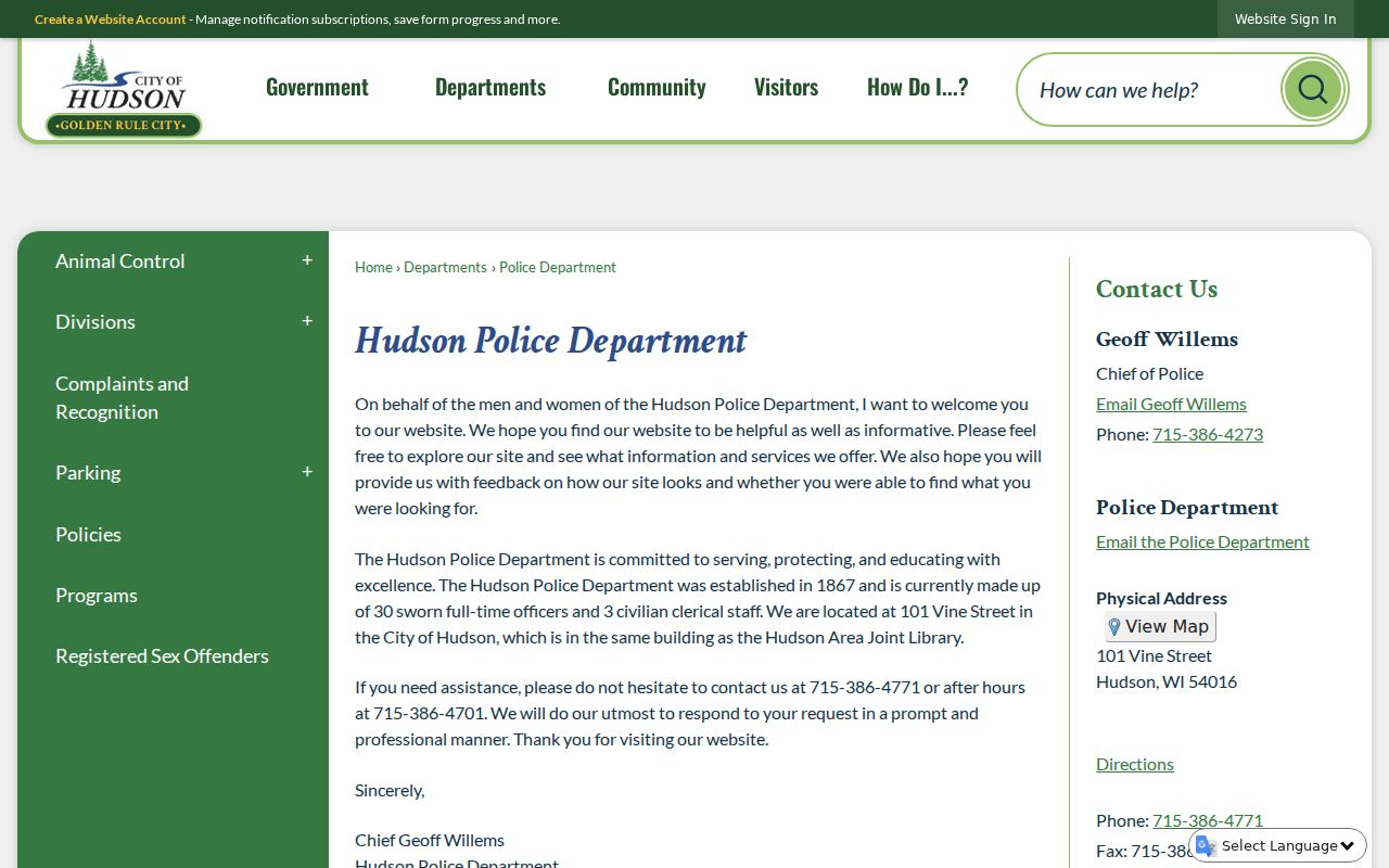 Hudson criminal records and Hudson Police Department page