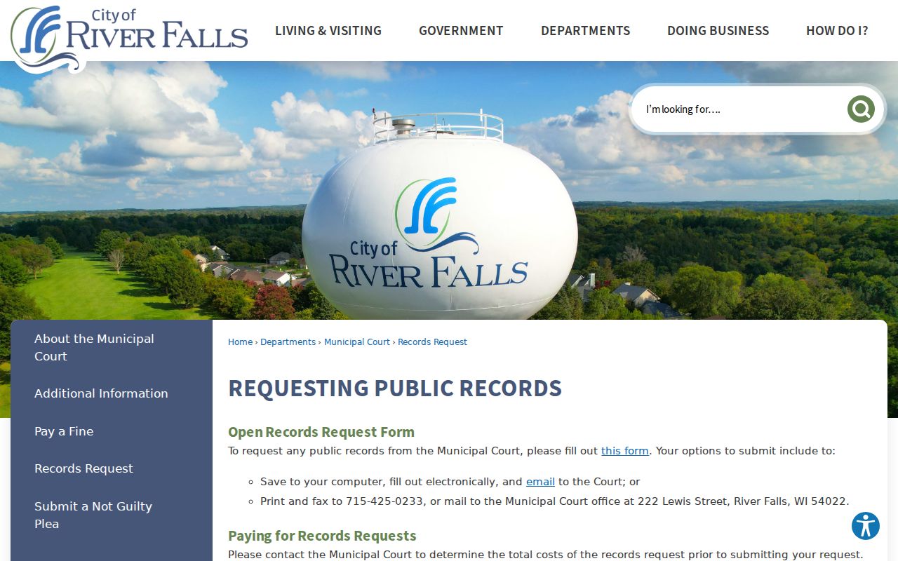 River Falls criminal records municipal court request page