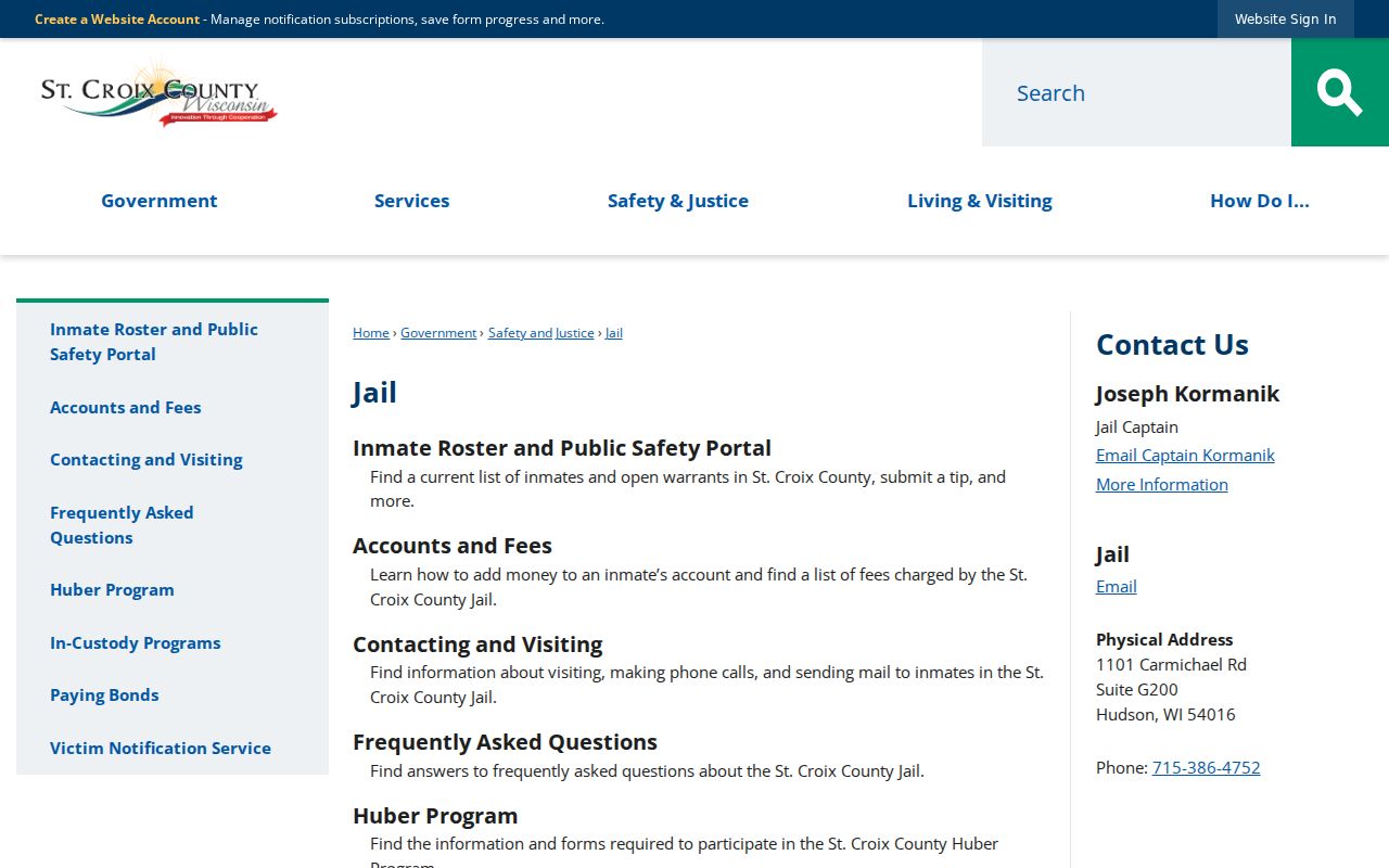 St. Croix County arrest records jail information page