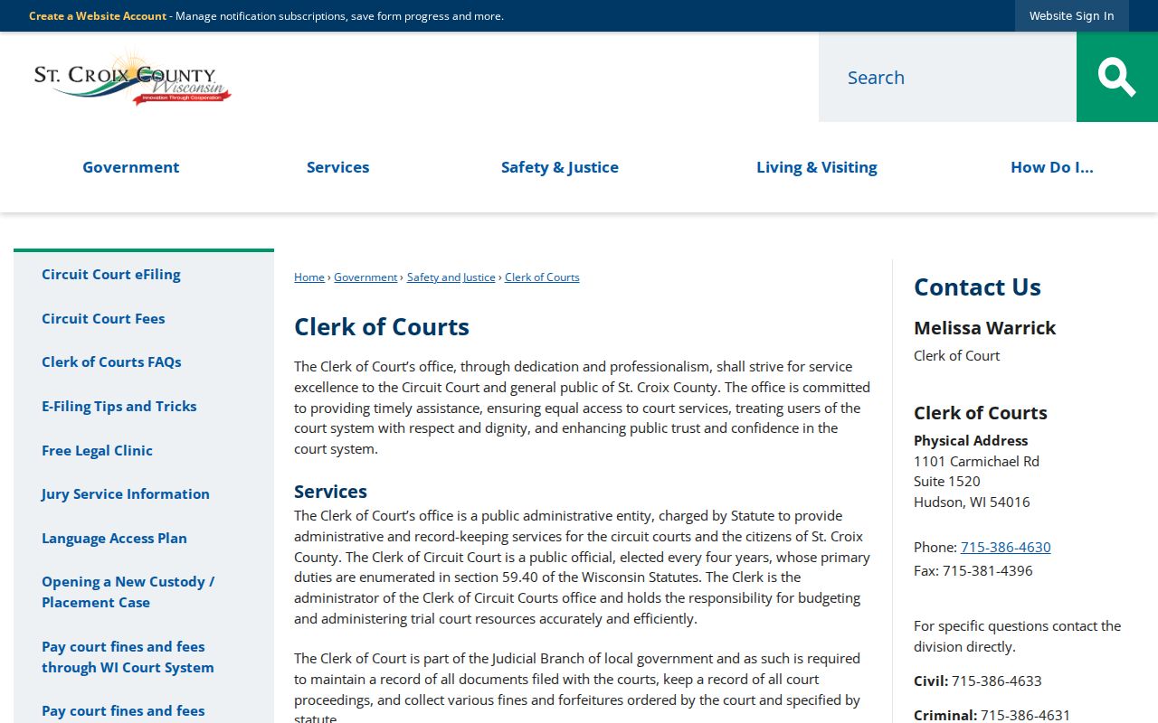 St. Croix County criminal court cases Clerk of Courts